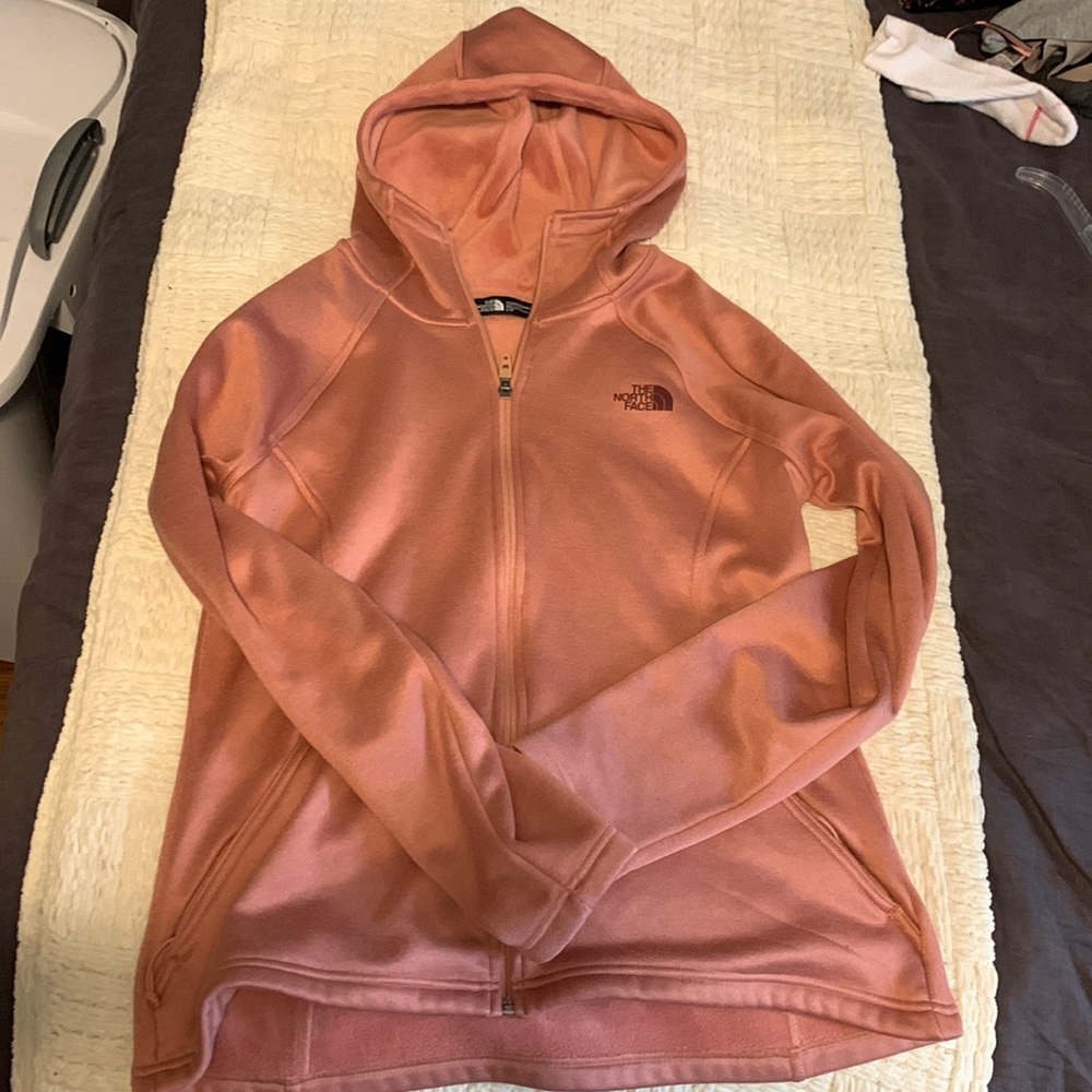 North Face fleece zip hoodie. Coral. Size L